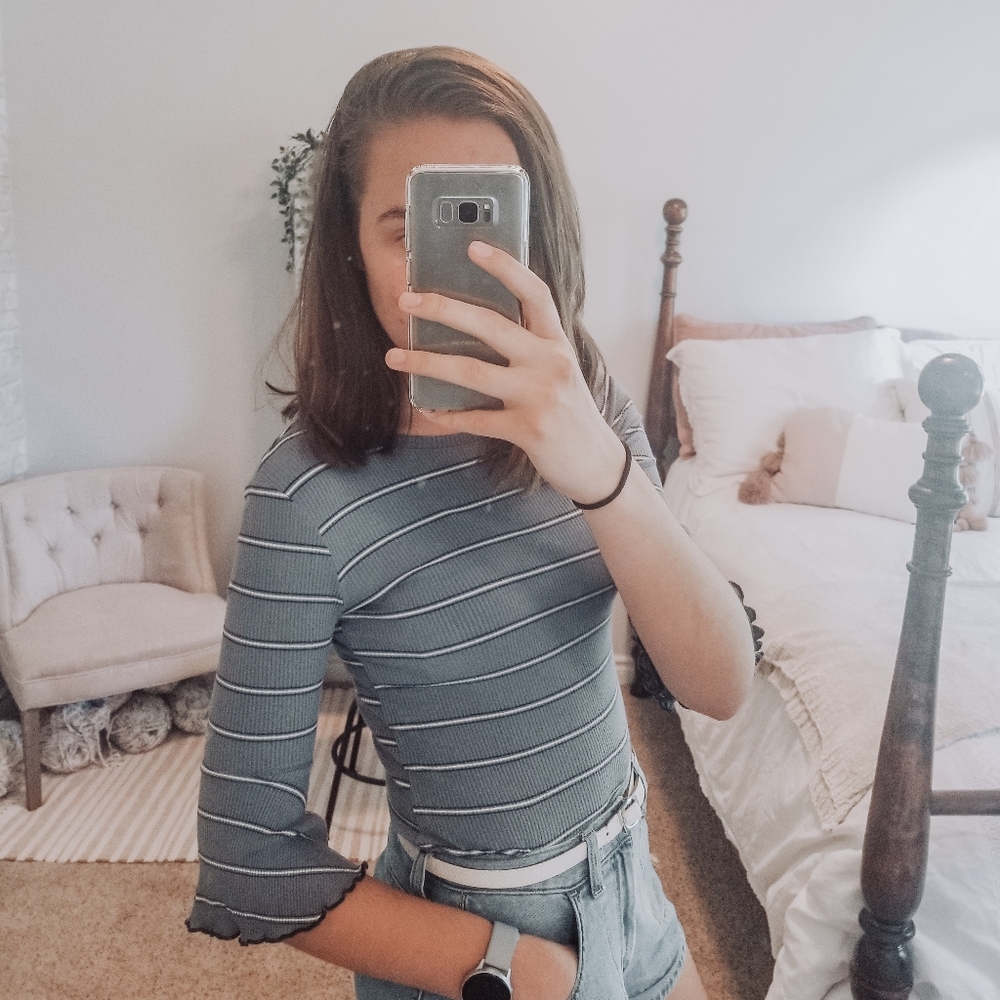 Striped Fitted Blue Bell-Sleeve Top